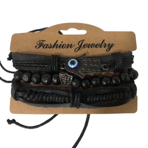 Black Leather Bracelet Set with Blue Evil Eye | 3 PCS Adjustable Bracele… - Picture 3 of 4